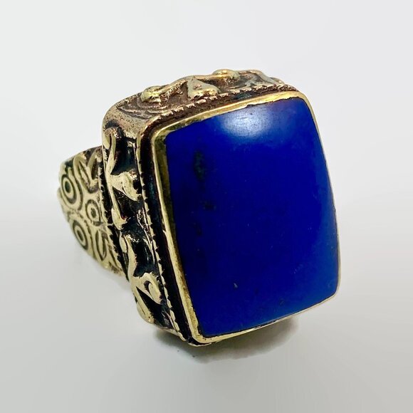 Vintage Afghan Ring Blue Lapis: Middle Eastern Brass Statement Large - Picture 1 of 3